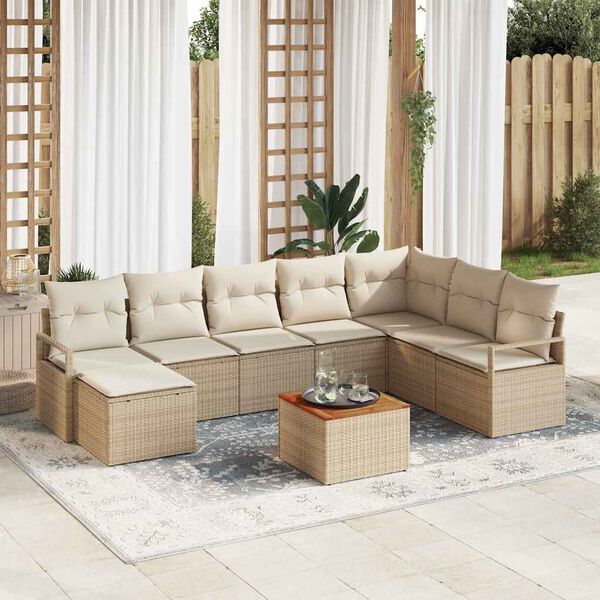 vidaXL Conjunto de sof&aacute; de jard&iacute;n con coj&iacute;n 9 pcs Beige Polirat&aacute;n