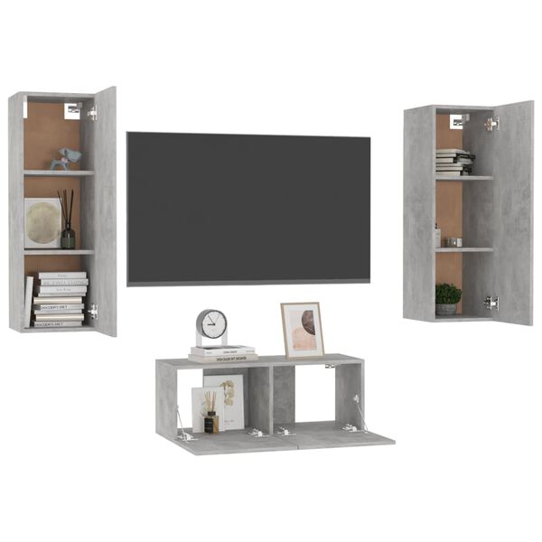 vidaXL Set de muebles de sal&oacute;n 3 pzas madera ingenier&iacute;a gris hormig&oacute;n