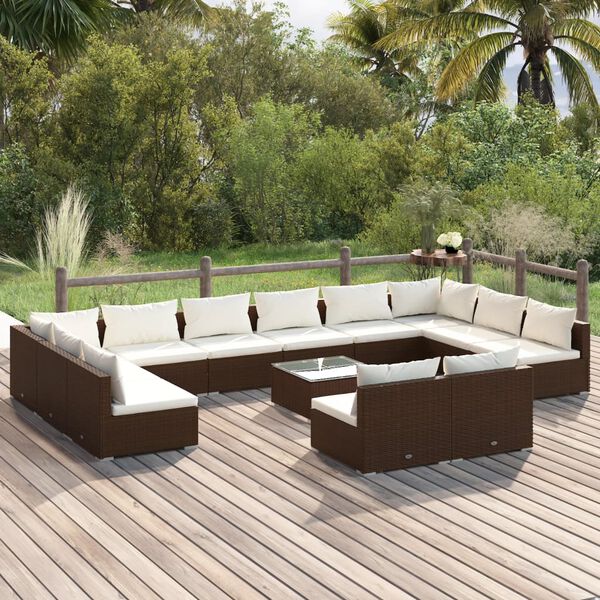 vidaXL Set de muebles de jard&iacute;n 13 pzas cojines rat&aacute;n sint&eacute;tico marr&oacute;n