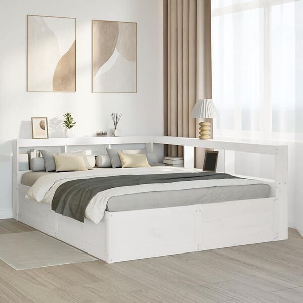 vidaXL Cama con estanter&iacute;a sin colch&oacute;n madera maciza blanca 150x200 cm