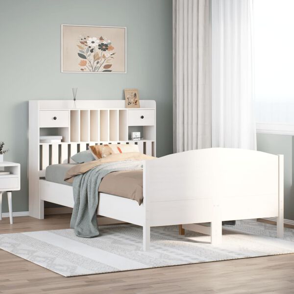 vidaXL Cama con estanter&iacute;a sin colch&oacute;n madera maciza blanca 135x190 cm