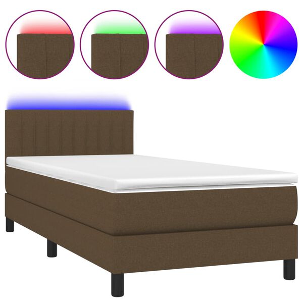 vidaXL Cama box spring colch&oacute;n y luces LED tela marr&oacute;n oscuro 90x200cm