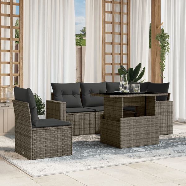 vidaXL Set de muebles de jard&iacute;n 6 pzas y cojines rat&aacute;n sint&eacute;tico gris