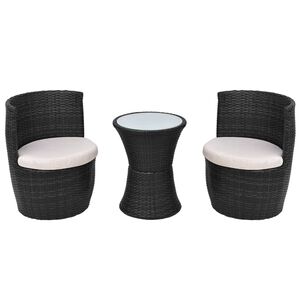 vidaXL Set mesa y sillas de jard&iacute;n 3 pzas y cojines poli rat&aacute;n negro