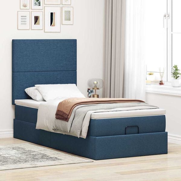 vidaXL Estructura de cama otomana con colch&oacute;n tela azul 90x190 cm