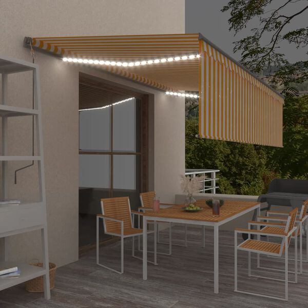 vidaXL Toldo retr&aacute;ctil manual persiana y LED amarillo y blanco 5x3 m
