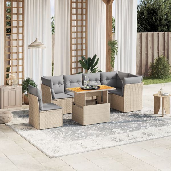 vidaXL Set sof&aacute;s de jard&iacute;n 7 piezas y cojines rat&aacute;n sint&eacute;tico beige