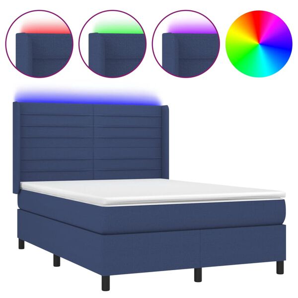 vidaXL Cama box spring colch&oacute;n y luces LED tela azul 140x200 cm