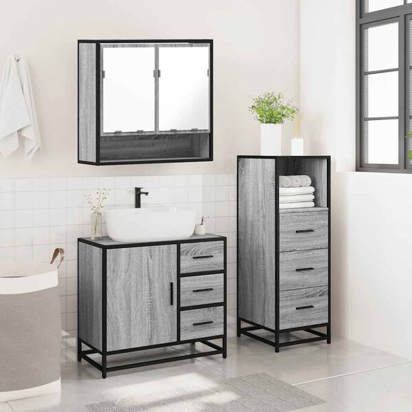 vidaXL Set de muebles de ba&ntilde;o 3 pzas madera contrachapada gris sonoma