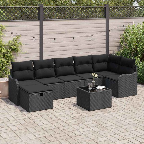 vidaXL Conjunto de sof&aacute; de jard&iacute;n con coj&iacute;n 8 pcs Negro Polirat&aacute;n