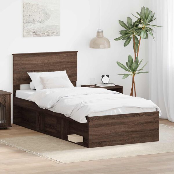 vidaXL Estructura de cama con cabecera Roble Marr&oacute;n 90 x 200 cm