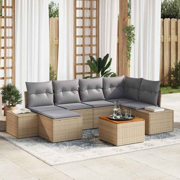 vidaXL Conjunto de sof&aacute;s de jard&iacute;n 7 pcs Beige rat&aacute;n sint&eacute;tico