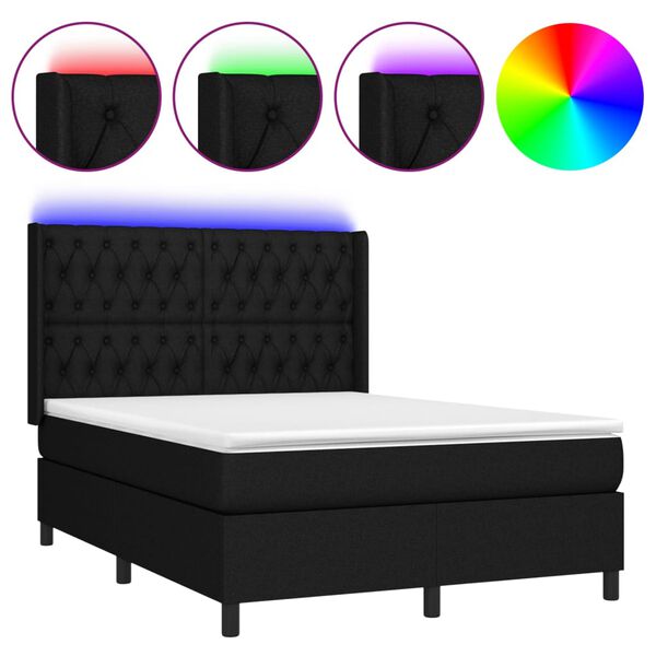 vidaXL Cama box spring colch&oacute;n y luces LED tela negro 140x190 cm