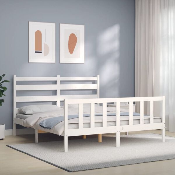 vidaXL Estructura de cama matrimonio con cabecero madera maciza blanco