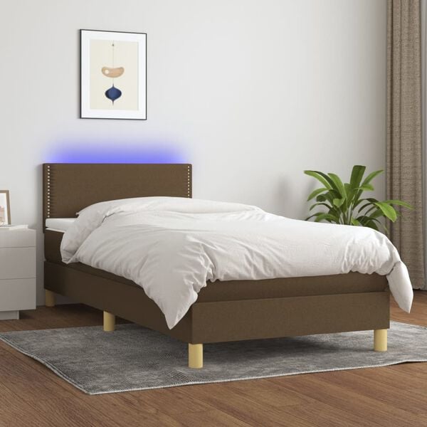 vidaXL Cama box spring con colch&oacute;n LED tela marr&oacute;n oscuro 80x200 cm