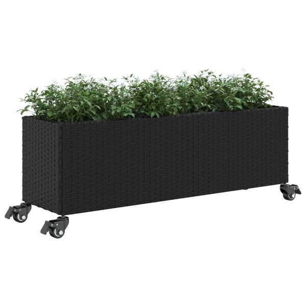 vidaXL Jardinera con ruedas y 3 maceteros rat&aacute;n PE negro 107x32x38 cm