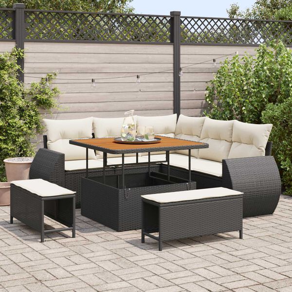 vidaXL Conjunto de sof&aacute; de jard&iacute;n 8 pcs Negro y crema rat&aacute;n sint&eacute;tico