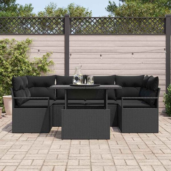 vidaXL Conjunto de sof&aacute; de jard&iacute;n 7 pcs Negro rat&aacute;n sint&eacute;tico