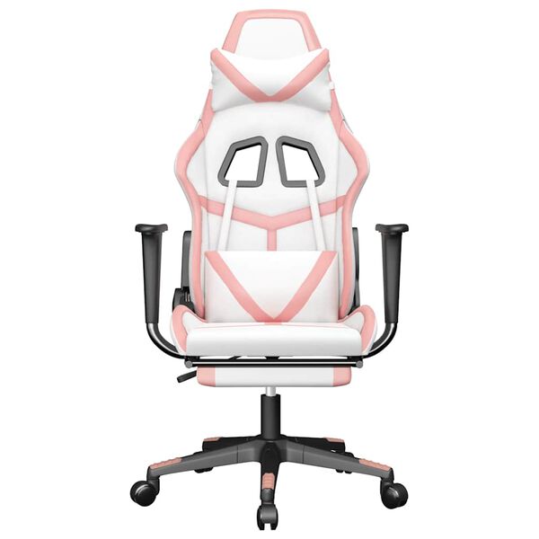 vidaXL Silla gaming masaje y reposapiés cuero sintético blanco y rosa
