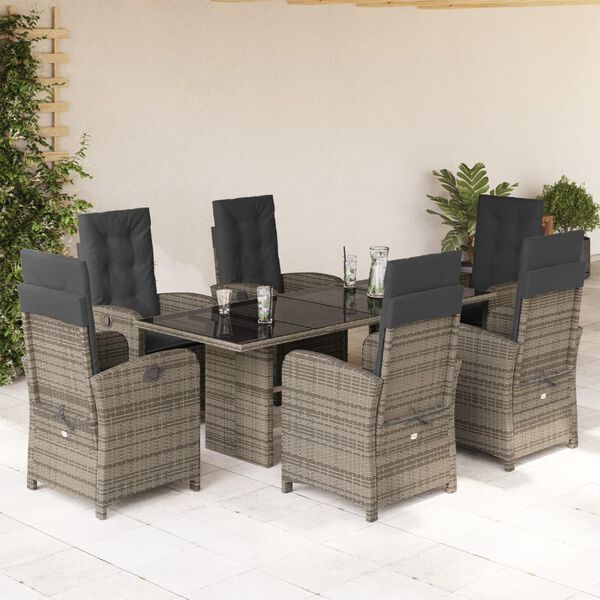 vidaXL Set comedor jard&iacute;n 7 pzas y cojines rat&aacute;n sint&eacute;tico gris