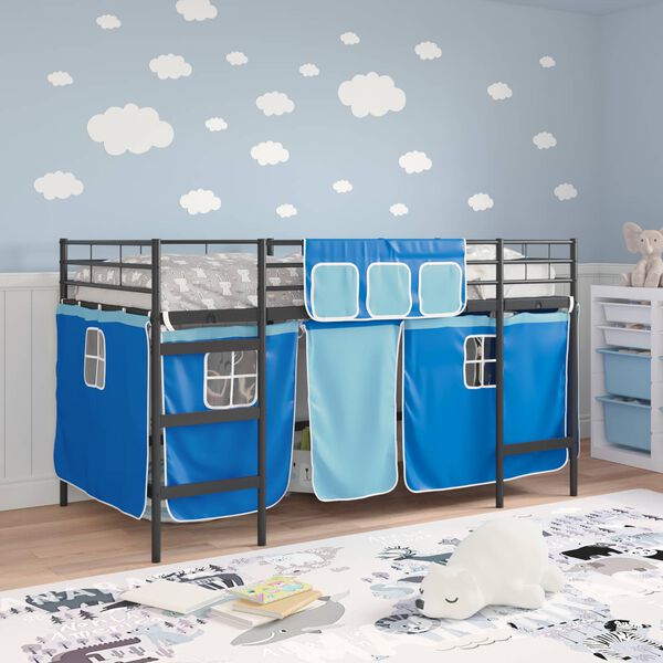 vidaXL Estructura de Cama Alta para Ni&ntilde;os con Cortinas Negro y azul