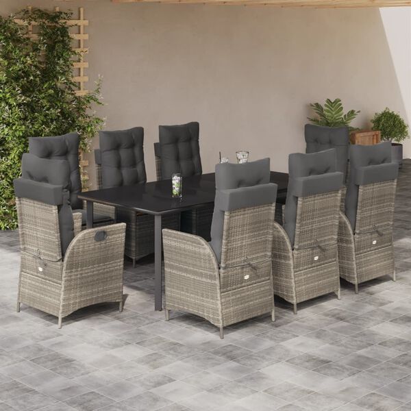 vidaXL Set comedor de jard&iacute;n 9 pzas cojines rat&aacute;n sint&eacute;tico gris claro