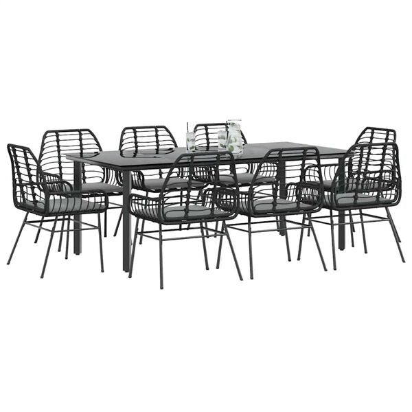 vidaXL Set de comedor jardín 9 piezas cojines ratán polivinílico negro