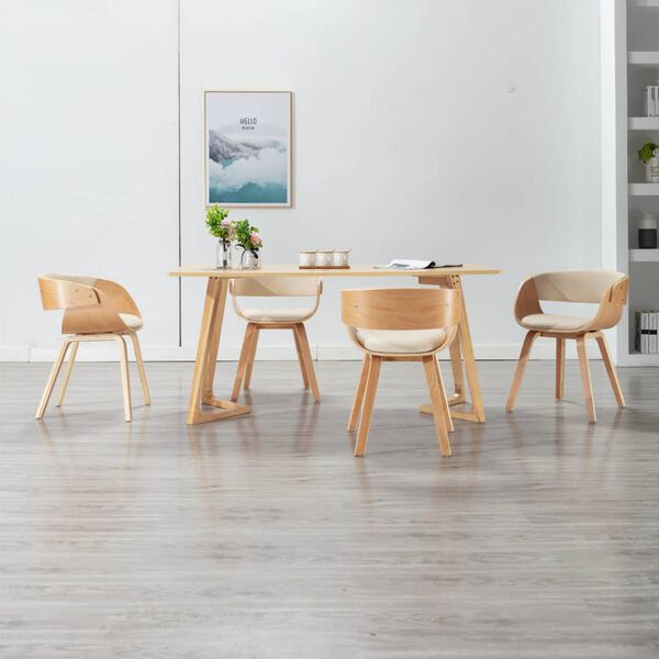 vidaXL Sillas de comedor 4 uds madera curvada y cuero sintético crema