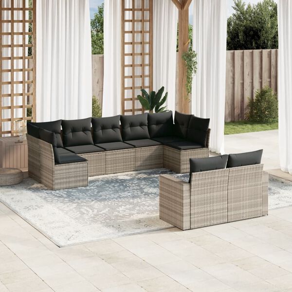 vidaXL Set muebles jard&iacute;n 9 pzas y cojines rat&aacute;n sint&eacute;tico gris claro