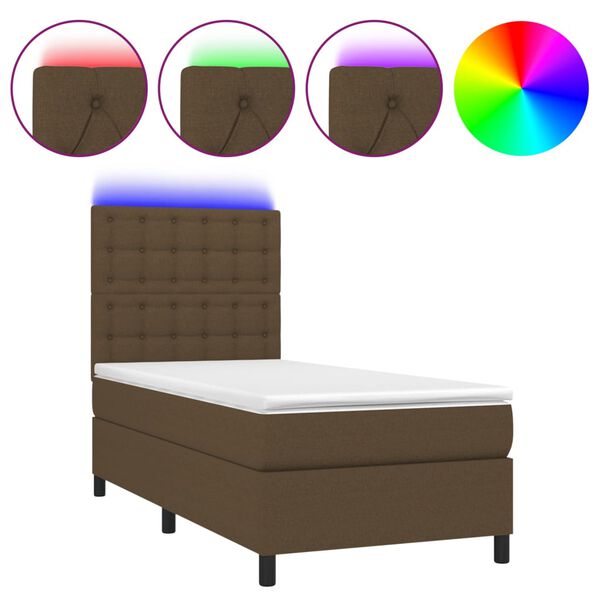 vidaXL Cama box spring colch&oacute;n luces LED tela marr&oacute;n oscuro 100x200cm