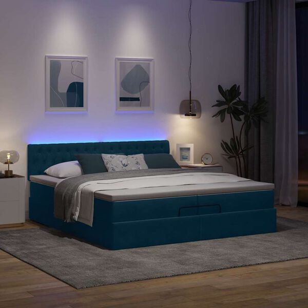 vidaXL Cama otomana con colchones y luces LED azul oscuro 200x200 cm