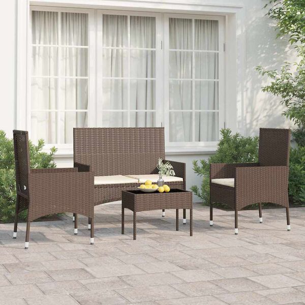 vidaXL Set muebles de jard&iacute;n 4 piezas y cojines rat&aacute;n sint&eacute;tico marr&oacute;n