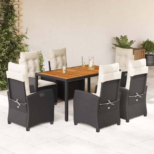 vidaXL Set de comedor de jard&iacute;n 7 pzas y cojines rat&aacute;n sint&eacute;tico negro