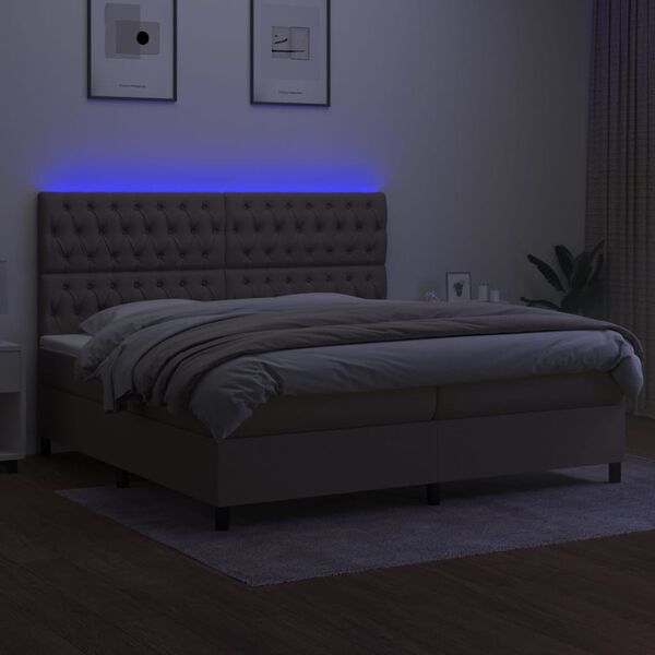 vidaXL Cama box spring colch&oacute;n y luces LED tela gris taupe 200x200 cm