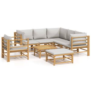 vidaXL Set de muebles de jard&iacute;n 8 piezas bamb&uacute; y cojines gris claro