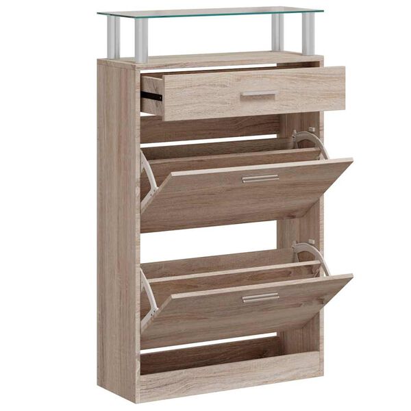 vidaXL Zapatero caj&oacute;n y estante superior vidrio aspecto madera