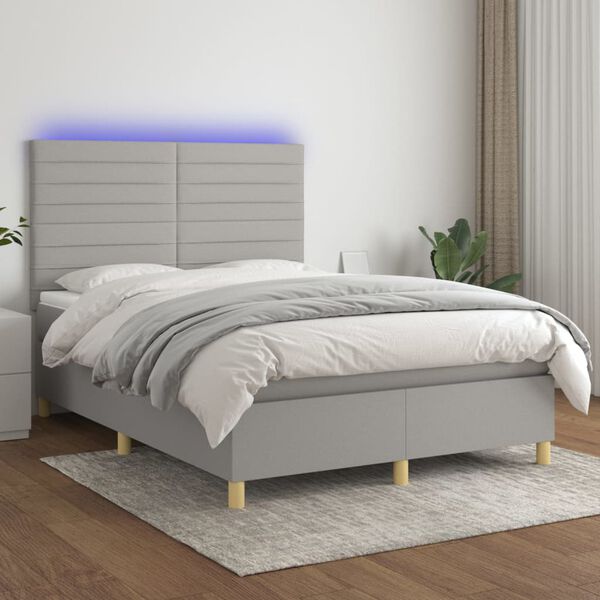 vidaXL Cama box spring colch&oacute;n y luces LED tela gris claro 140x190 cm