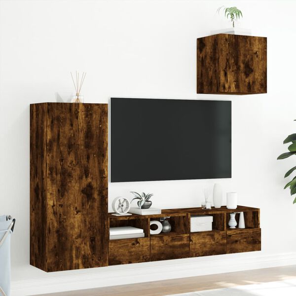 vidaXL Muebles de TV de pared 4 pzas madera ingenier&iacute;a roble ahumado