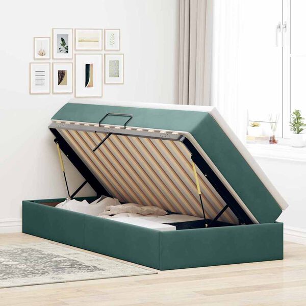 vidaXL Cama con almacenamiento y colch&oacute;n Verde oscuro 100 x 200 cm
