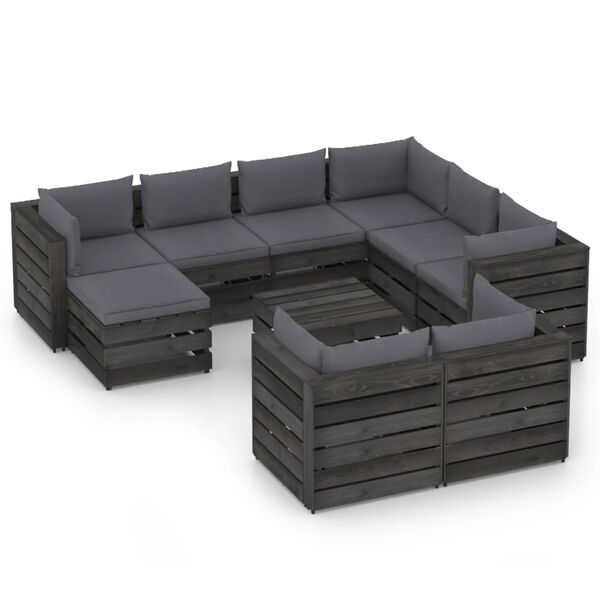 vidaXL Muebles de jard&iacute;n 10 piezas con cojines madera impregnada gris