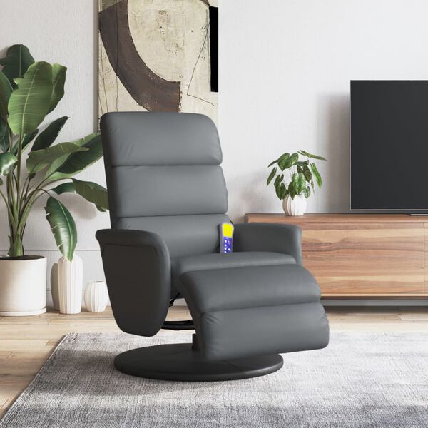 vidaXL Sill&oacute;n reclinable de masaje con reposapi&eacute;s cuero sint&eacute;tico gris
