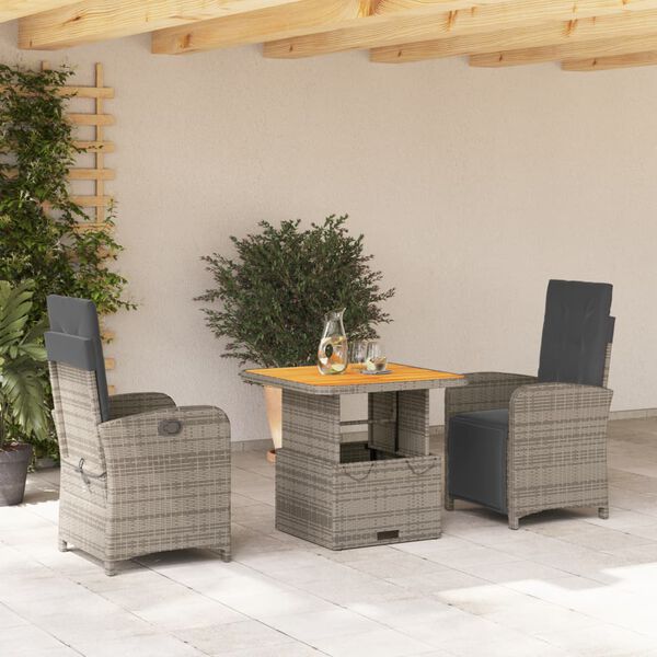vidaXL Set comedor de jard&iacute;n 3 piezas con cojines rat&aacute;n sint&eacute;tico gris