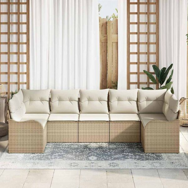 vidaXL Conjunto de sof&aacute; de jard&iacute;n 7 pcs Beige y blanco Polirat&aacute;n