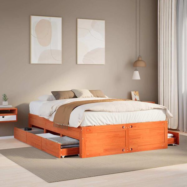 vidaXL Cama con cajones sin colch&oacute;n madera maciza marr&oacute;n 150x200 cm