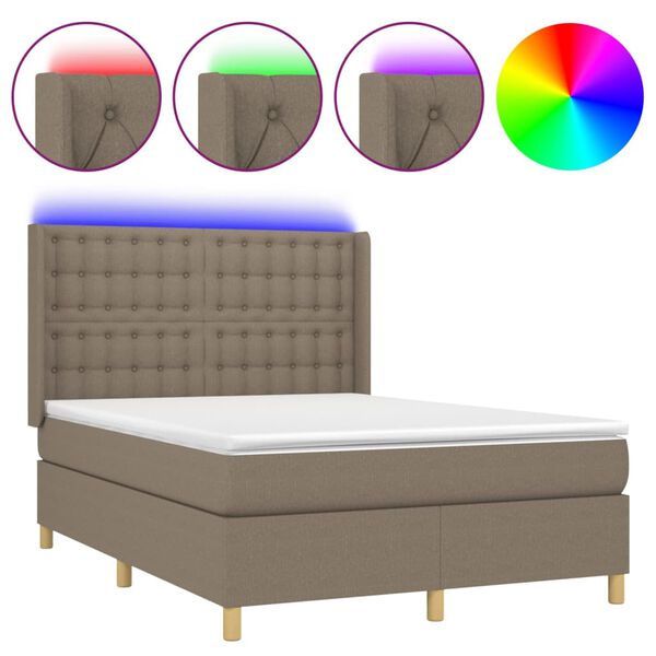 vidaXL Cama box spring colch&oacute;n y luces LED tela gris taupe 140x200 cm