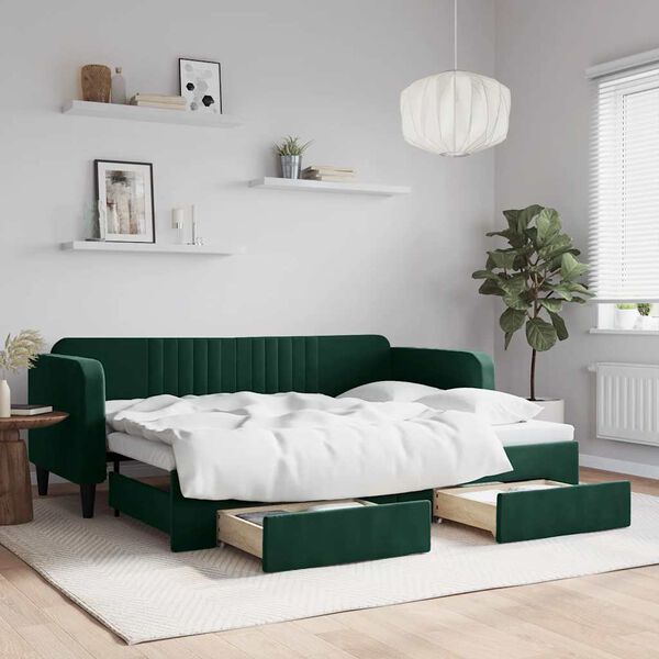 vidaXL Sof&aacute; cama nido con cajones terciopelo verde oscuro 80x200 cm