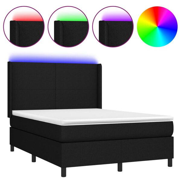 vidaXL Cama box spring colch&oacute;n y luces LED tela negro 140x190 cm