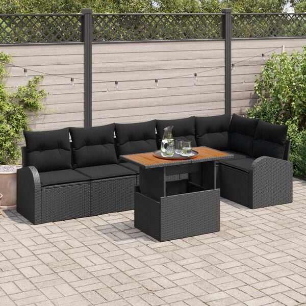 vidaXL Conjunto de sof&aacute; de jard&iacute;n 7 pcs Negro Polirat&aacute;n