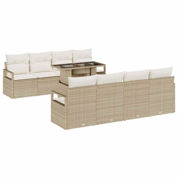 vidaXL Conjunto de sof&aacute; de jard&iacute;n 9 pcs Beige Polirat&aacute;n