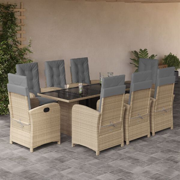 vidaXL Set comedor de jard&iacute;n 9 pzas con cojines rat&aacute;n sint&eacute;tico beige